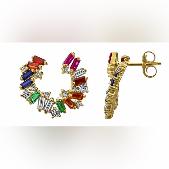 Diamonique Rainbow Baguette Open Hoop Earrings - Picture 3 of 6